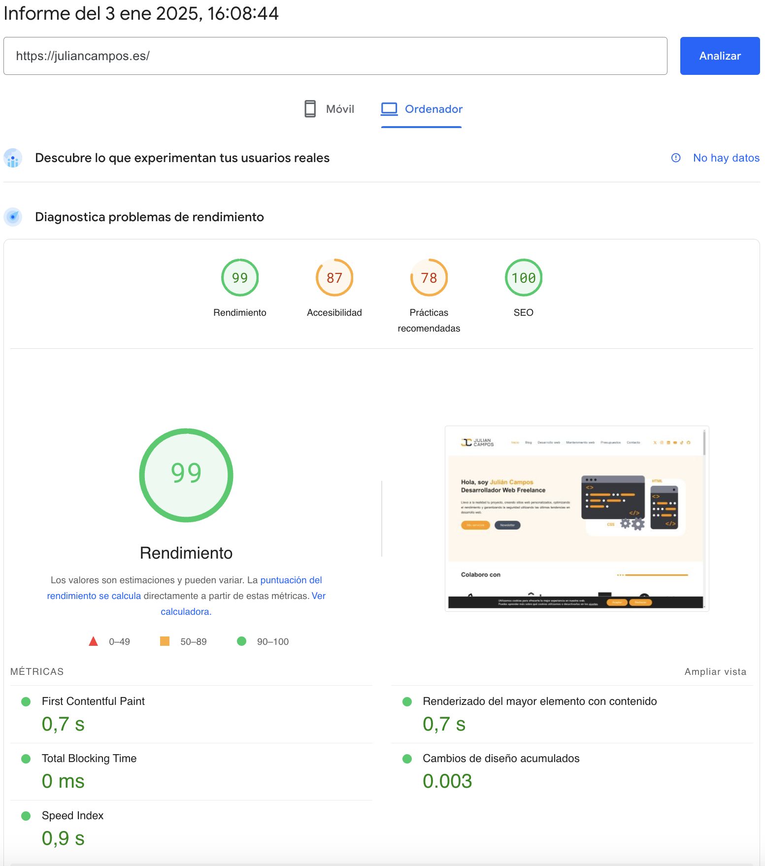 Informe de rendimiento web para optimización SEO