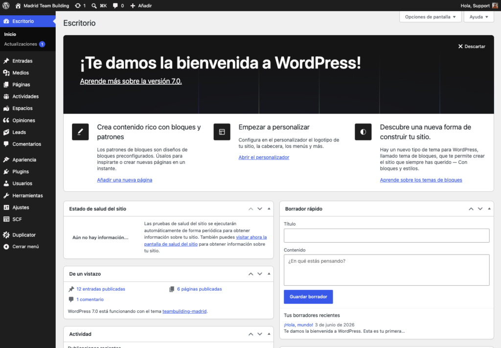 WP-admin con menús personalizados