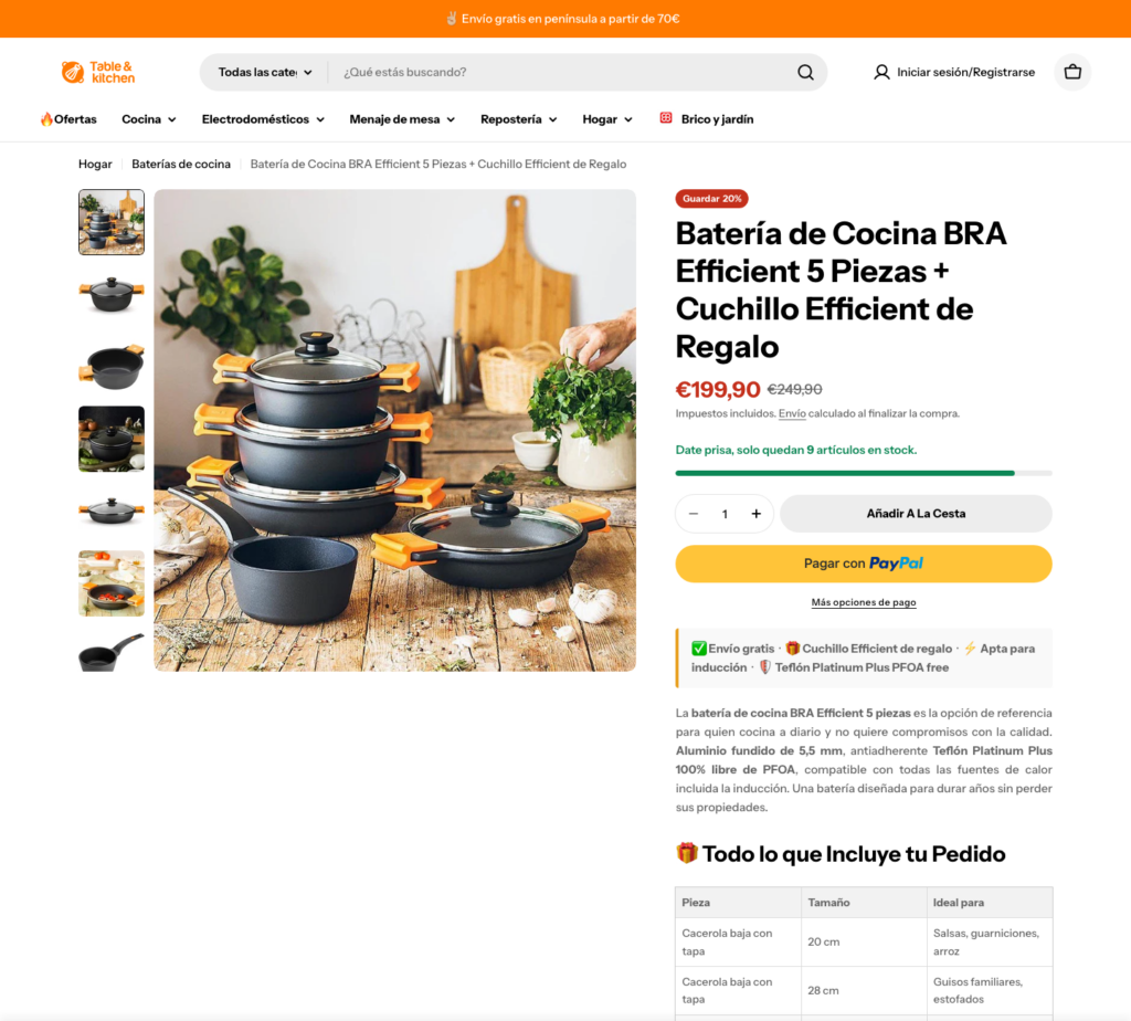 Ficha de producto en Shopify con datos de catálogo migrados.