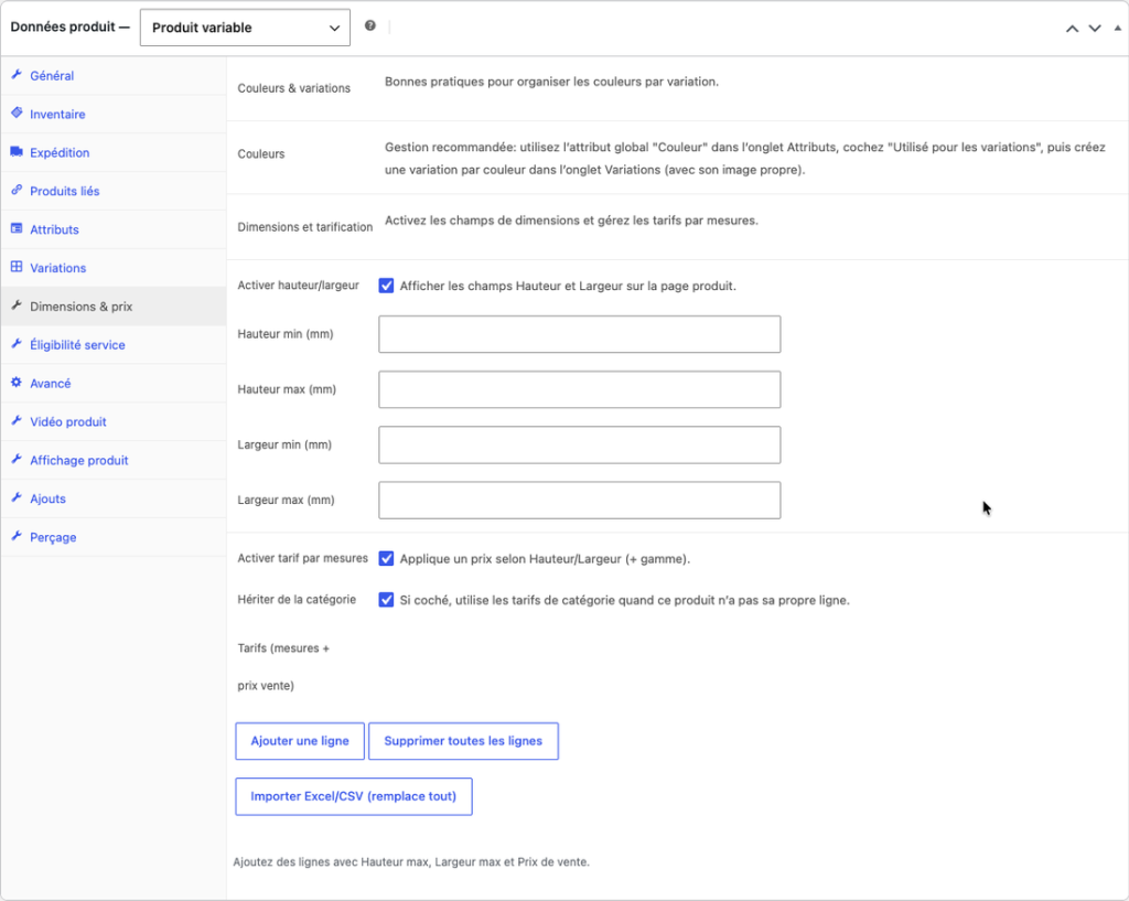 Panel de WordPress para gestionar las dimensiones y tarifas del producto a medida.