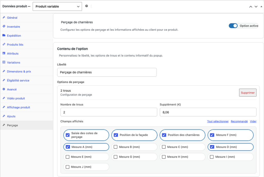 Panel de configuración de perforaciones de bisagras de Cuisine et Vous.
